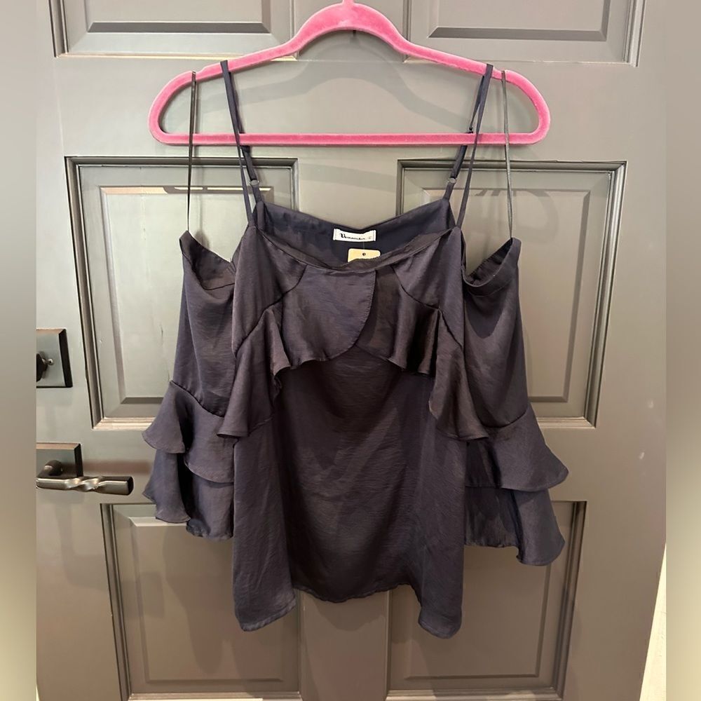 Bare Shoulder Ruffle Silk-Blend Cami Top - Navy